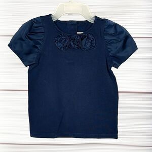 Janie & Jack Girls Top Shirt Size 3 Navy Blue Satin Sheen Rosettes And Sleeves